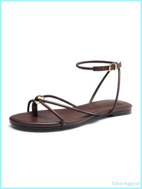 Faux Leather Strappy Flat Sandals Round Toe Ankle Strap Lace Up
